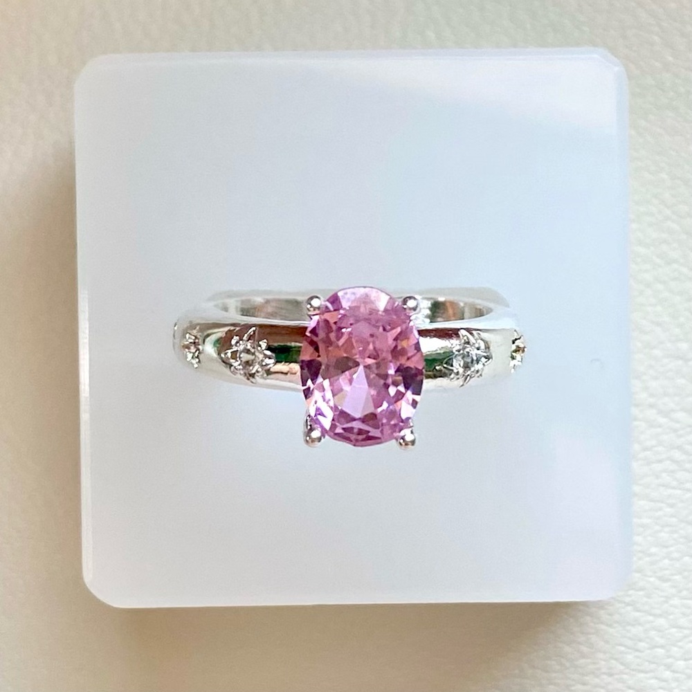 Pink Sapphire-Style Oval Ring in Silver Tone